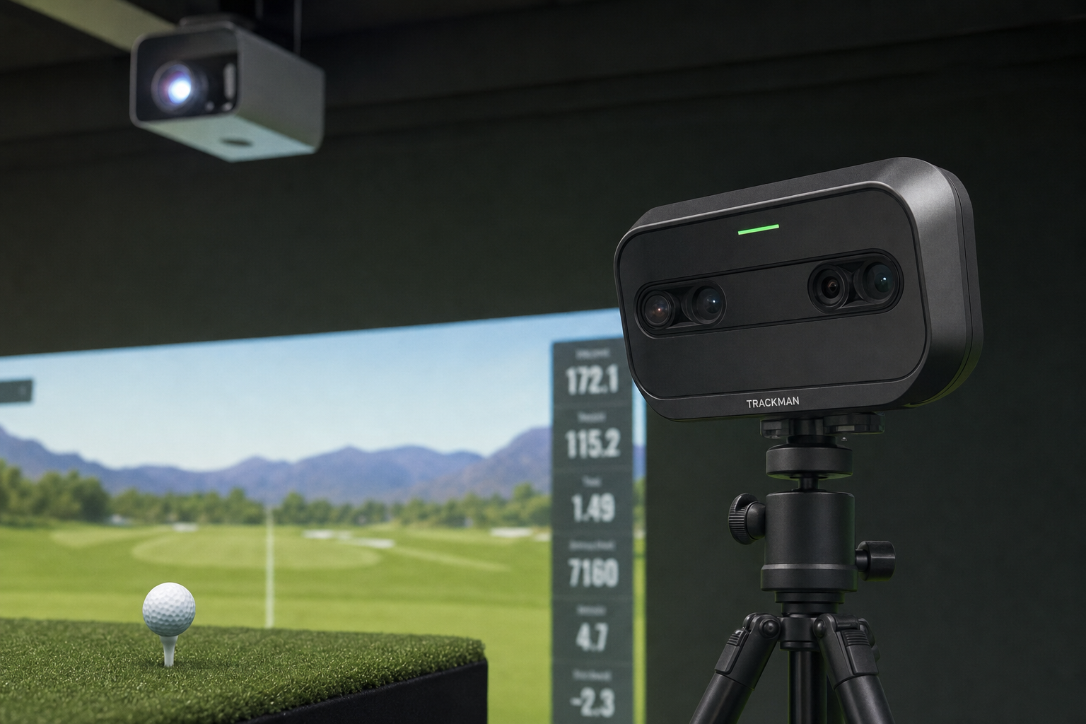 Close-up of a launch monitor sensor and projector in a golf simulator setup
