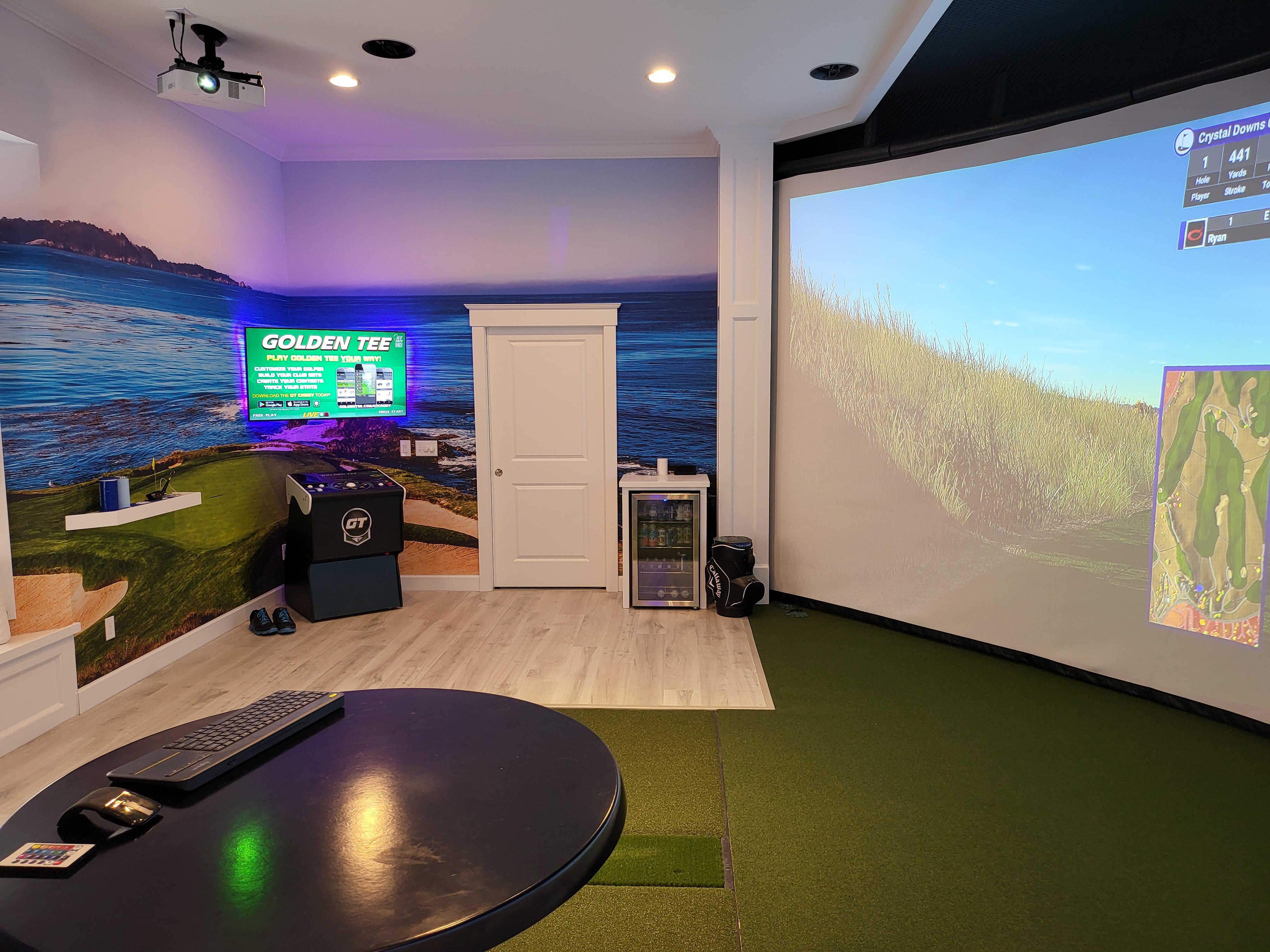 Golf simulator screen and turf installation